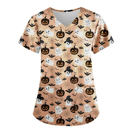 

Sksloeg Scrub Top for Women Summer Animal Cat Bat Print Top Nurse Uniforms for Women Short Sleeve V-Neck Shirts Tee Tops with Pockets Khaki 2XL