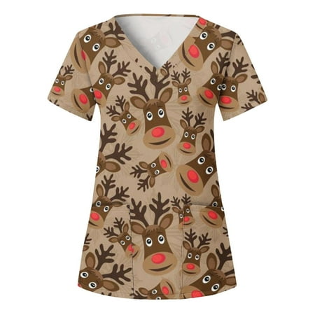 

JSGEK Discount Women s Fashion Short Sleeve V-Neck Shirt Working Uniform Christmas Cute Santa Claus and Reindeer Graphic Printing Pullover Blouse Scrub Tops with Pocket Khaki S
