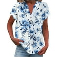 thumbnail image 2 of Yxbdin Short Sleeve Linen Shirts for Women V Neck Flower Printed Shirt Vintage Summer Blouses Casual Loose Fit Tops Blue*A M, 2 of 5