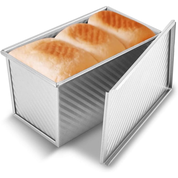 Pullman Loaf Pan with Lid, 1 lb Dough Capacity Non-Stick Bakeware for Baking Bread, Carbon Steel Corrugated Bread Toast Box Mold with Cover for Baking Bread, Silver