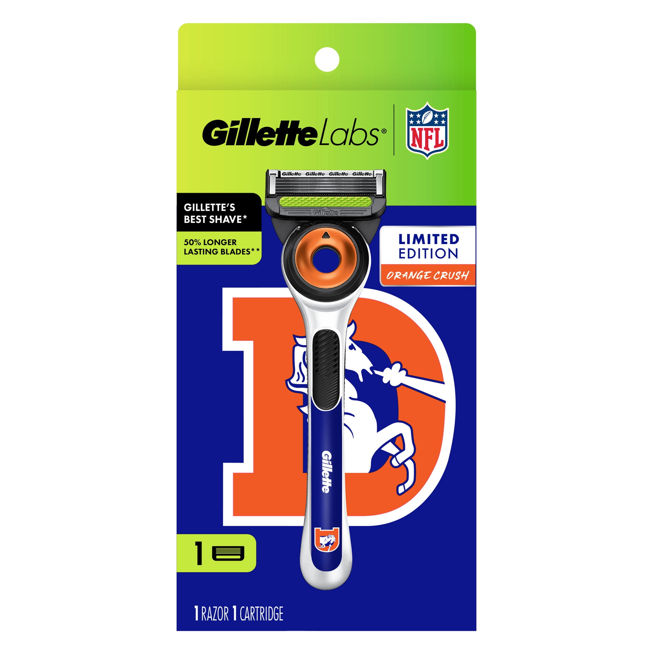 Gillette Labs Official Broncos Licensed Razor for Men, Perfect for Game Day Grooming, Gillette Labs with Exfoliating Bar, 1 Handle, 1 Blade Refill