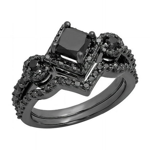 Princess Cut Black Onyx Bridal Ring Set in 14k Black Gold Finish - Birthday Gift For Her
