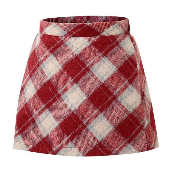 Girls Tweed Wool Plaid Skirts Bodycon Pencil A-Line High Waisted Mini Skirt Toddler School Uniform Skort Watermelon Red, 8 Y