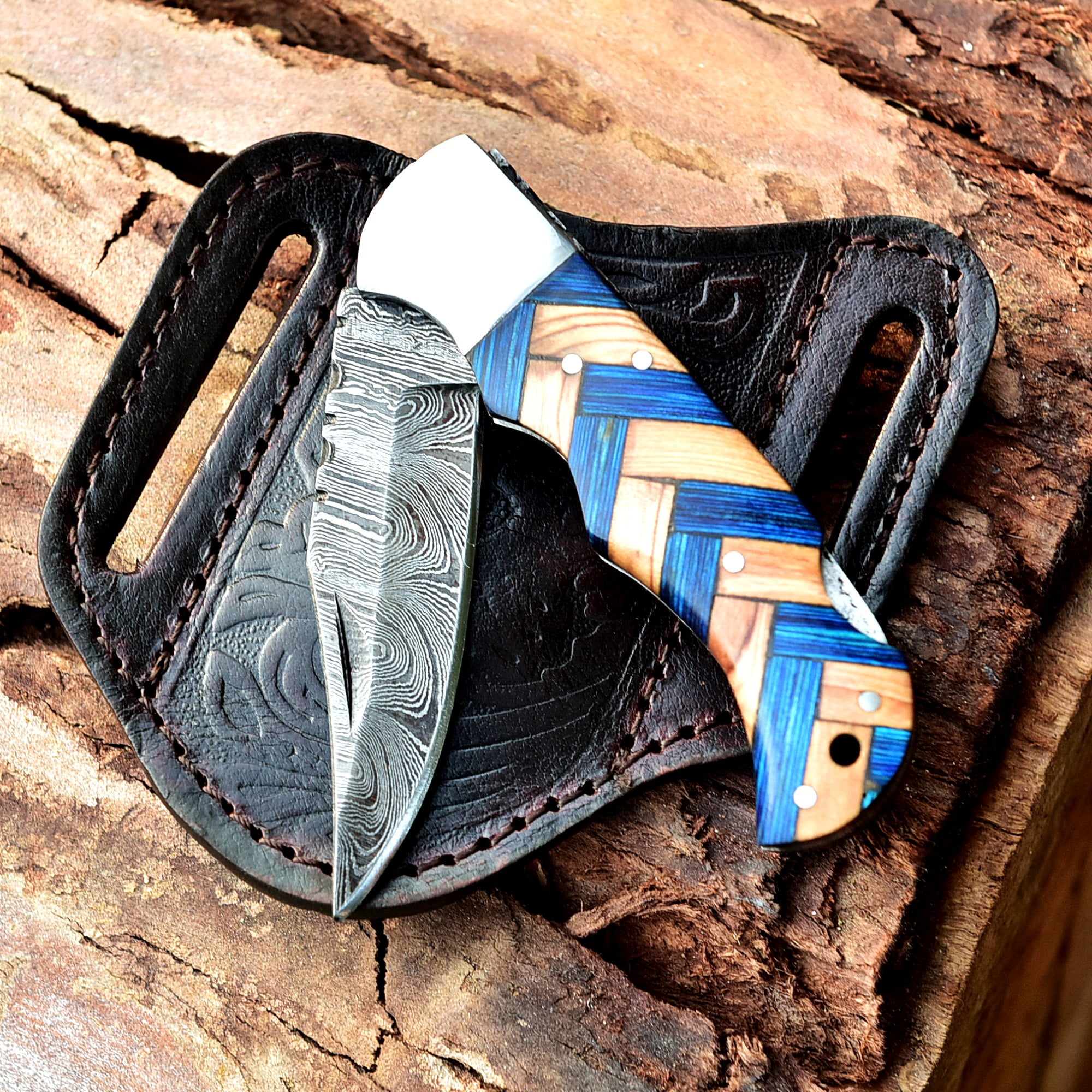Custom Handmade Damascus Steel Folding Knife/Pocket Knife SS-170482 (Blue and Olive  Wood)