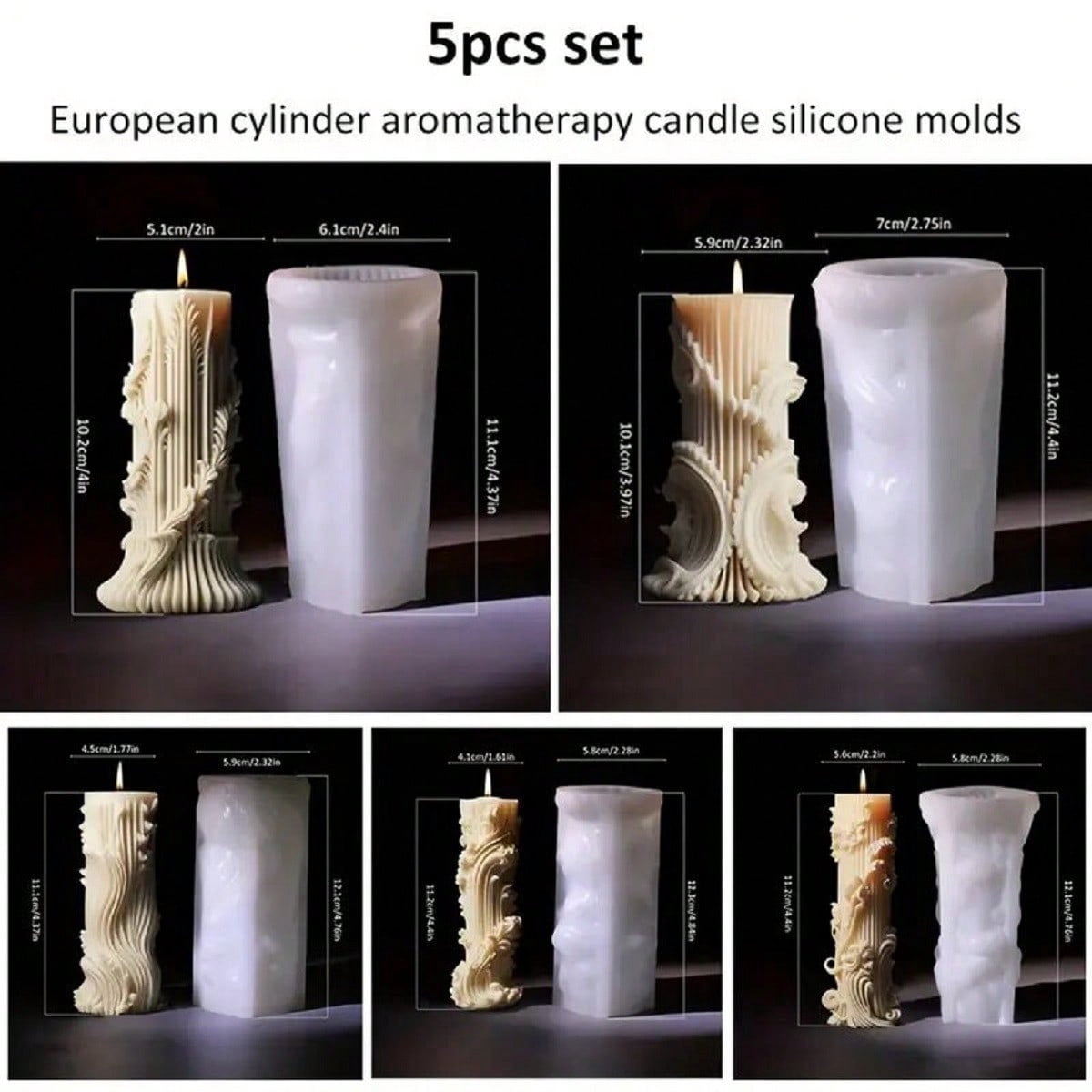 5PCS Silicone Candle Molds Set, 3D Baroque Irregular Shaped Molds Silicone, European Cylinder DIY Resin Wax Molds for Soap Candle Making, Home Decoration