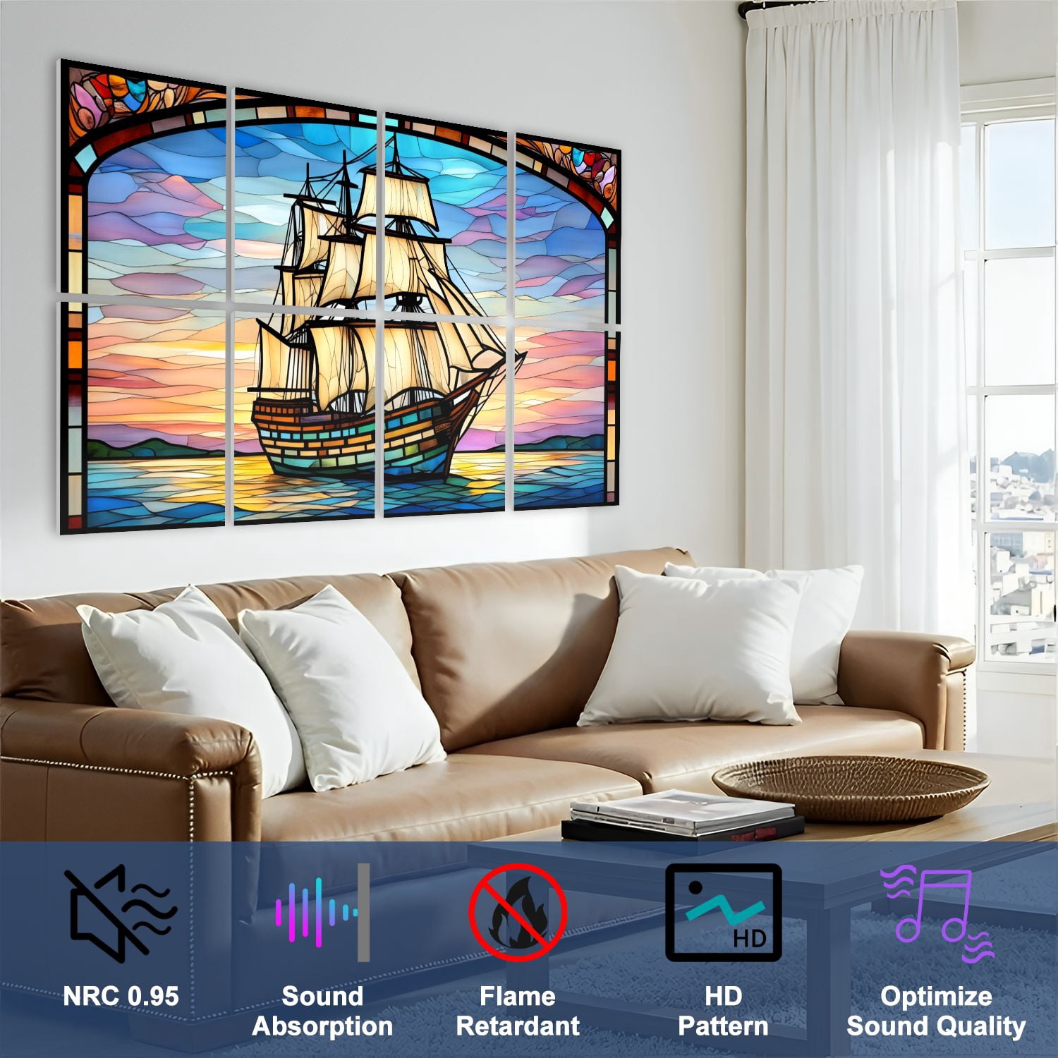 Stained Glass Style 8 Pack Art Acoustic Panels Sound Absorbing Ship Sailing Sea Sunset Decorative Soundproof Wall Panels Self Adhesive for Nursery Game Room Bedroom 48"x32"