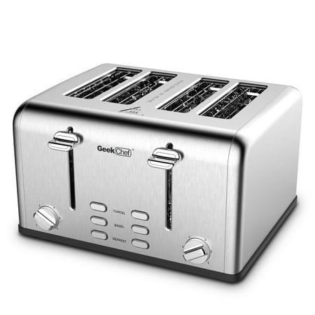 

Geek Chef Toaster 4 Slice Stainless Steel Extra-Wide Slot Toaster with Dual Control Panels of Bagel/Defrost/Cancel Function 6 Toasting Bread Shade Settings Removable Crumb Trays Auto Pop-Up