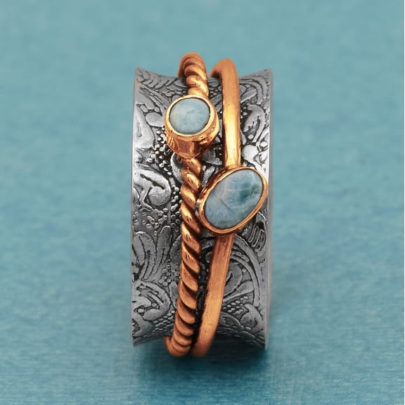 Mooneye 5X3mm Oval Larimar 925 Sterling Silver Rose Plated Meditation Spinner Men Women Ring