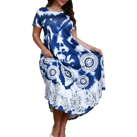 Ruimatai Women's Plus Size Casual Dress Short Sleeve Round Neck Summer Flowy Comfortable Stylish Printed Beach Party T-Shirt Dress