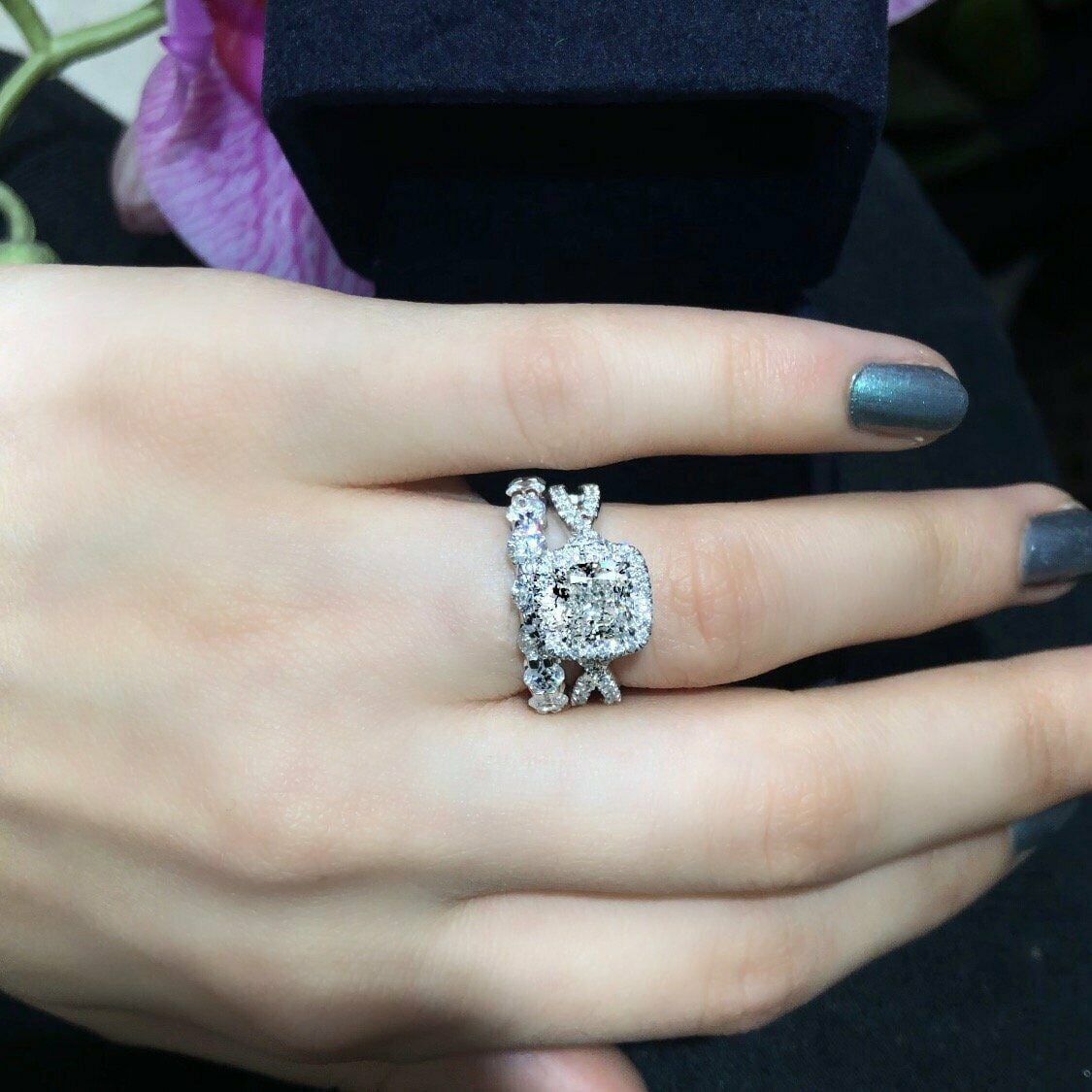 HeartsAndYou 2ct Engagement Ring for Women Cushion Cut Moissanite Split Shank Halo 18k White Gold over Silver