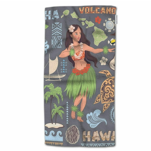 Aloha Vintage Hawaiian Icons Hand Towel Set - Perfect for Bathroom, Kitchen, and Bath - 30 x 15 - Features Girl, Guitar, and Volcanic Symbols