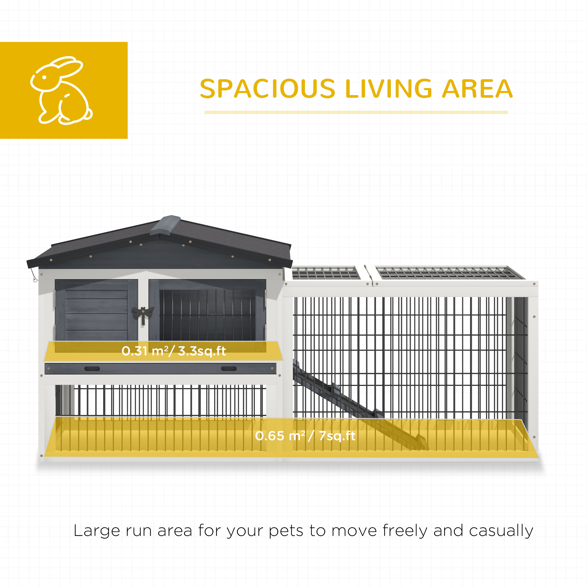 Pawhut Solid Wood Rabbit Hutch with 2 House Levels and Patio Space, Strong Black Metal Cage Wire, and Easy Clean Tray