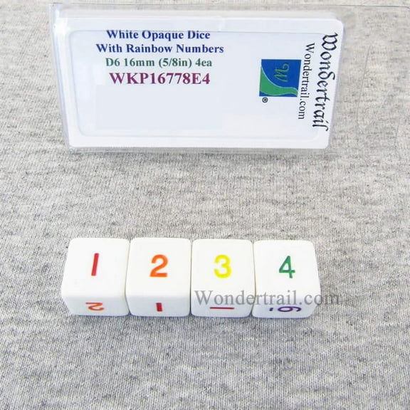 White Opaque Dice With Rainbow Color Numbers D6 16mm (5/8in) Pack of 4 Wondertrail