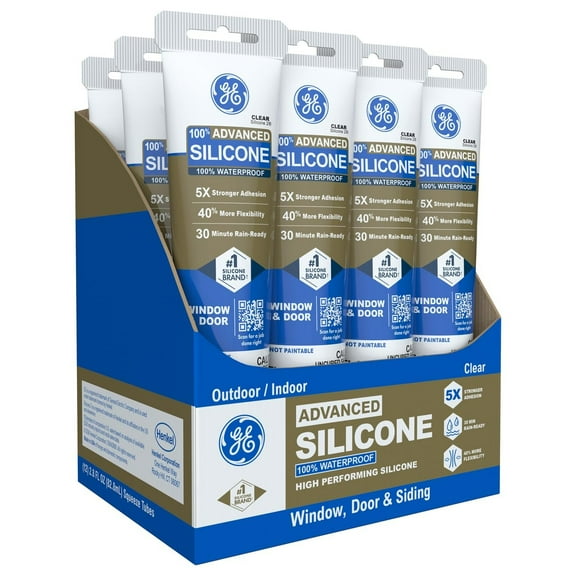 GE Advanced Silicone Window & Door Caulk - 100% Waterproof, Clear - 12 Pack, 2.8 fl oz
