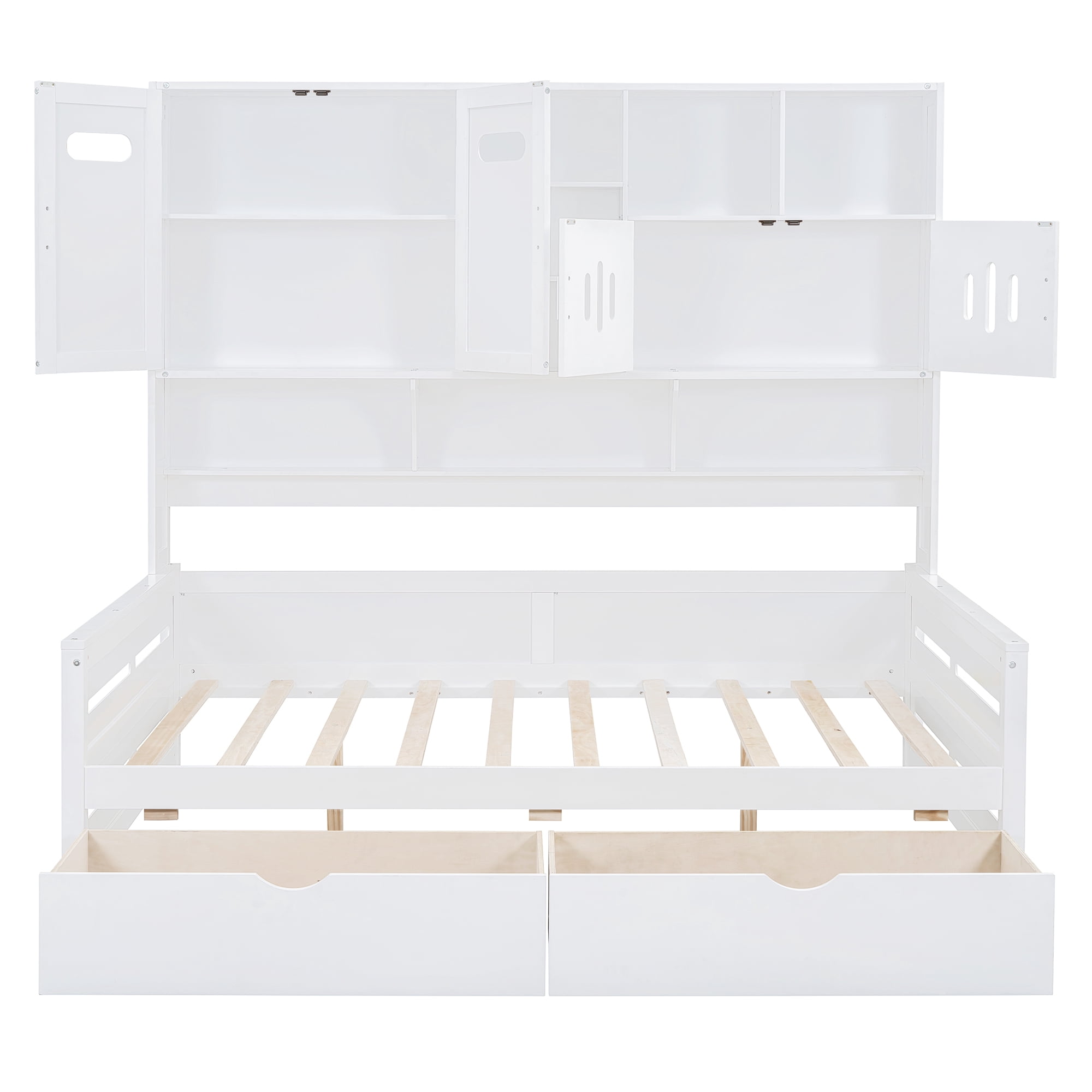 Mintazer Full Platform Bed with Side Bookcase & 2 Drawers and 2 Cabinets, All-in-one Wood Storage Daybed Frame for Kids Teens Bedroom Playroom Guest Room, White