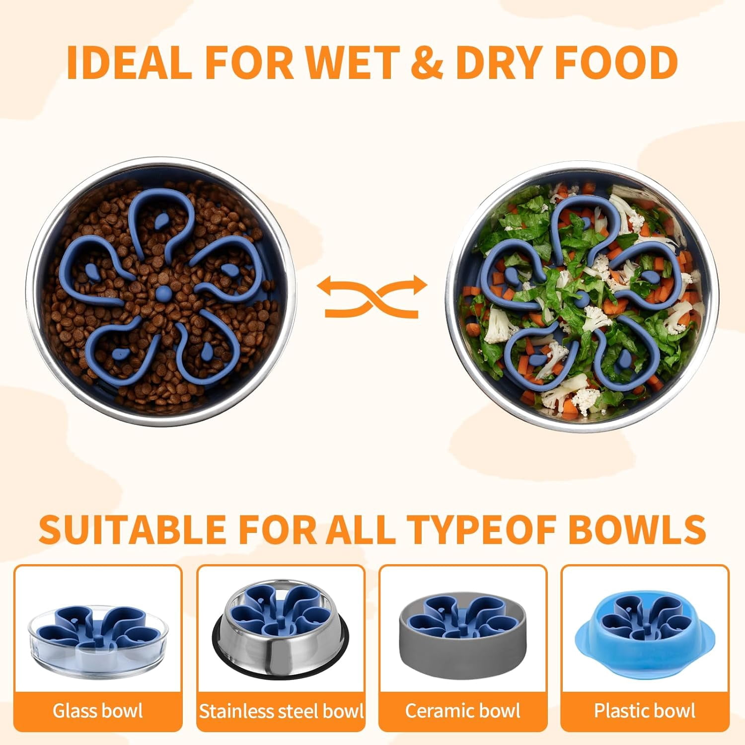 Slow Feeder Dog Bowls Insert,  Soft Silicone Slow Eating Dog Bowl Insert with Suction Cups for Small, Medium and Large Dogs(Darkblue M)