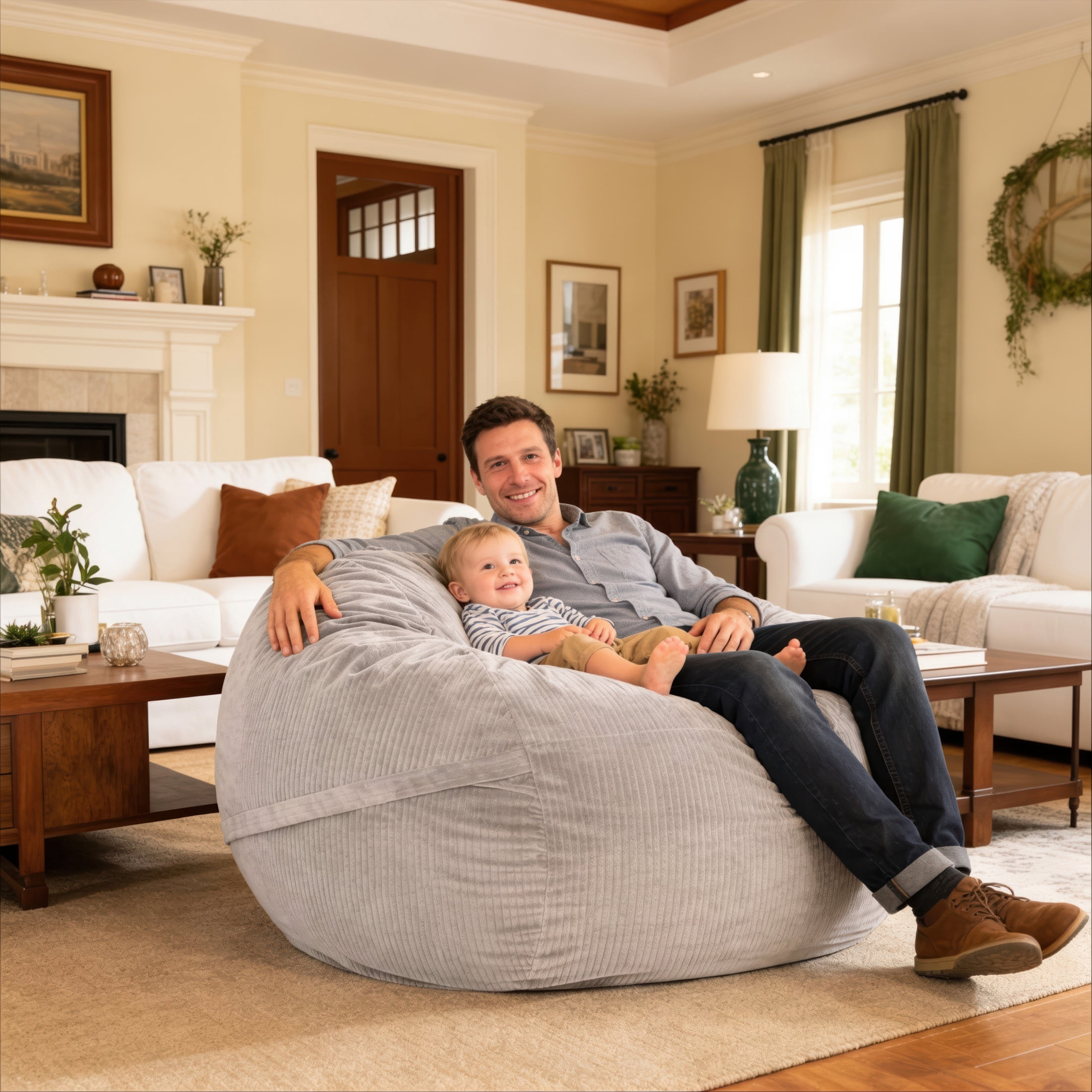 Luna 5 Foot X-Large Bean Bag Chair – Oversized Foam Lounger for Adults & Kids, Plush Corded Faux Fur, Taupe