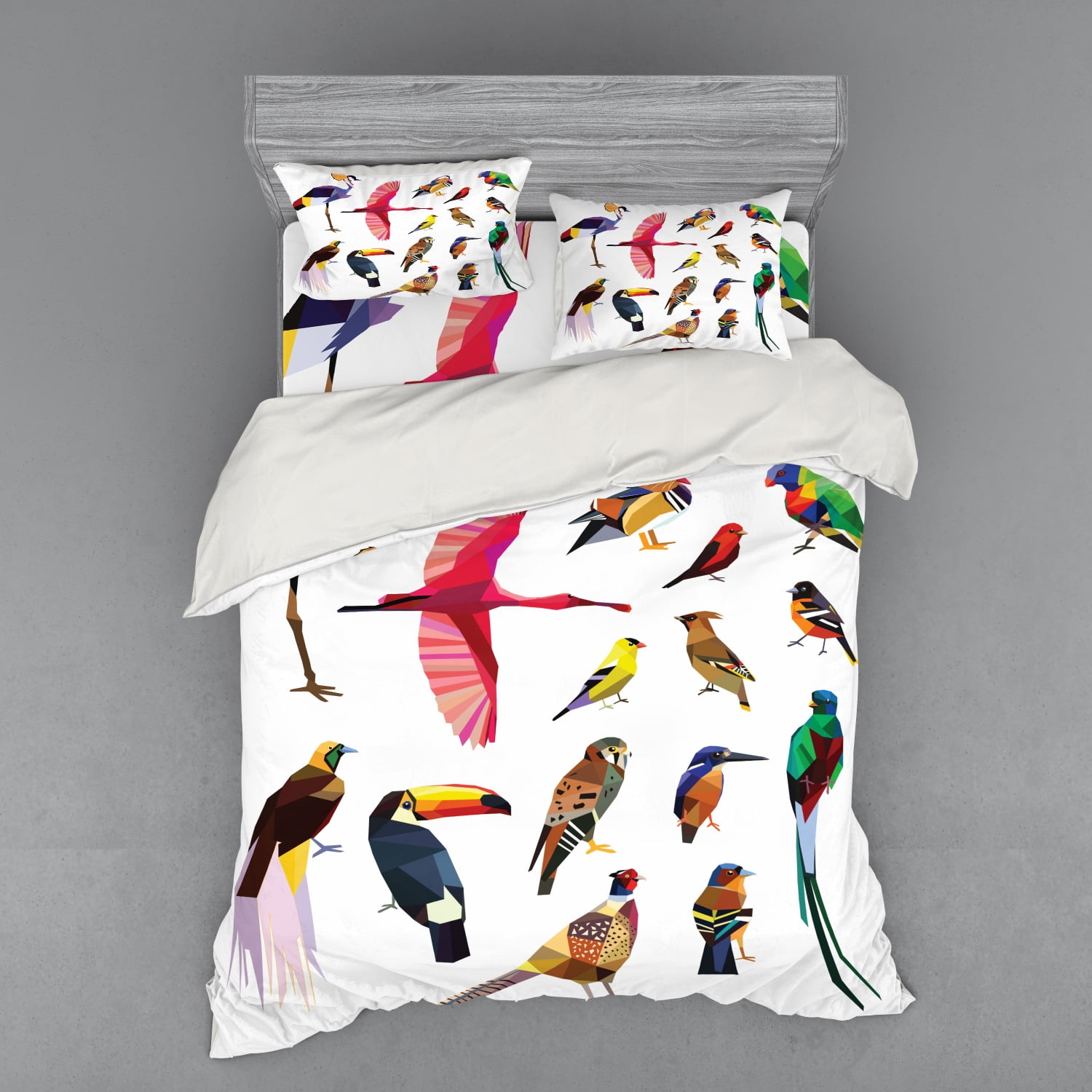 Birds Duvet Cover Set, Colored Composition Bird Set with Poly Design