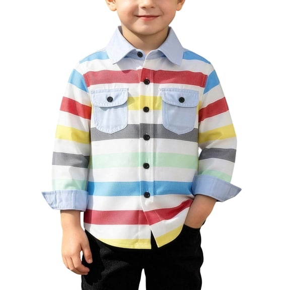Abtuhar Fall Turndown Collar Colorful Striped Long Sleeve Shirts for Boys and Girls Pocket Detail Fashion Casual Tops for 6 Months-5 Years