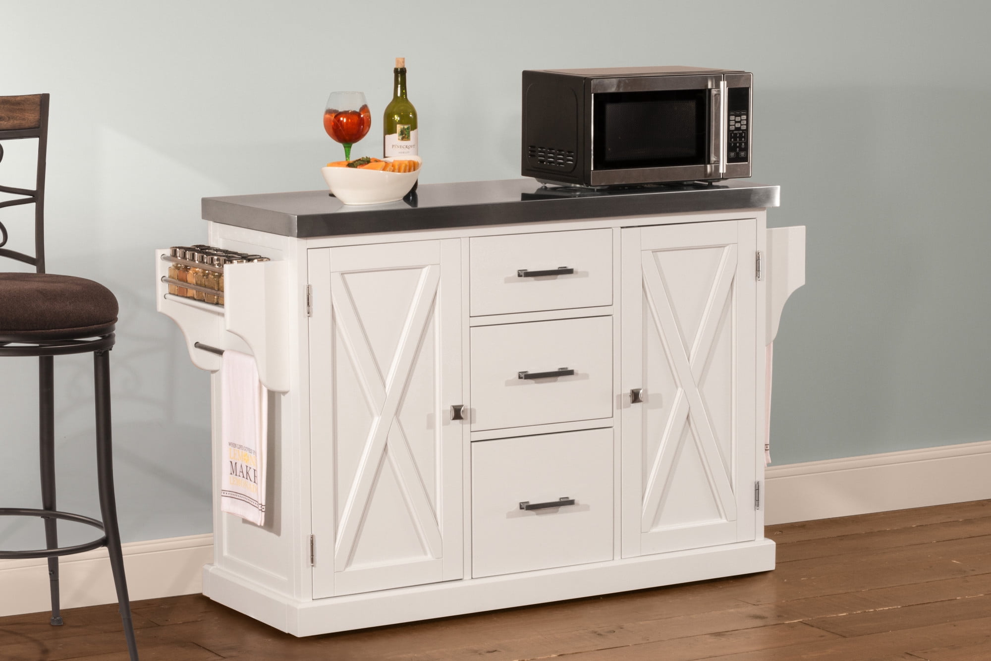 Hillsdale Furniture Brigham Wood Kitchen Island with Steel Top, White