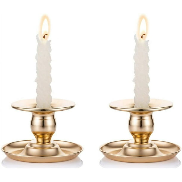 2 Pieces Gold Brass Metal Chamberstick Candle Holder Suitable for Candles,  Candlesticks, Tea Lights and Pillar Candles - for Window and Mantle Display  