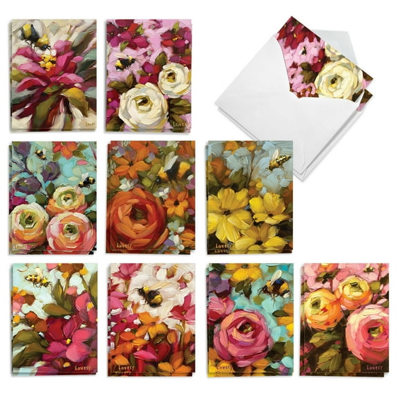 The Best Card Company 20 Assorted Blank Notecards Boxed Set 4 x 5.12 Inch with Envelopes (10 Designs, 2 Each) Blooms and Bees AM10348OCB-B2x10