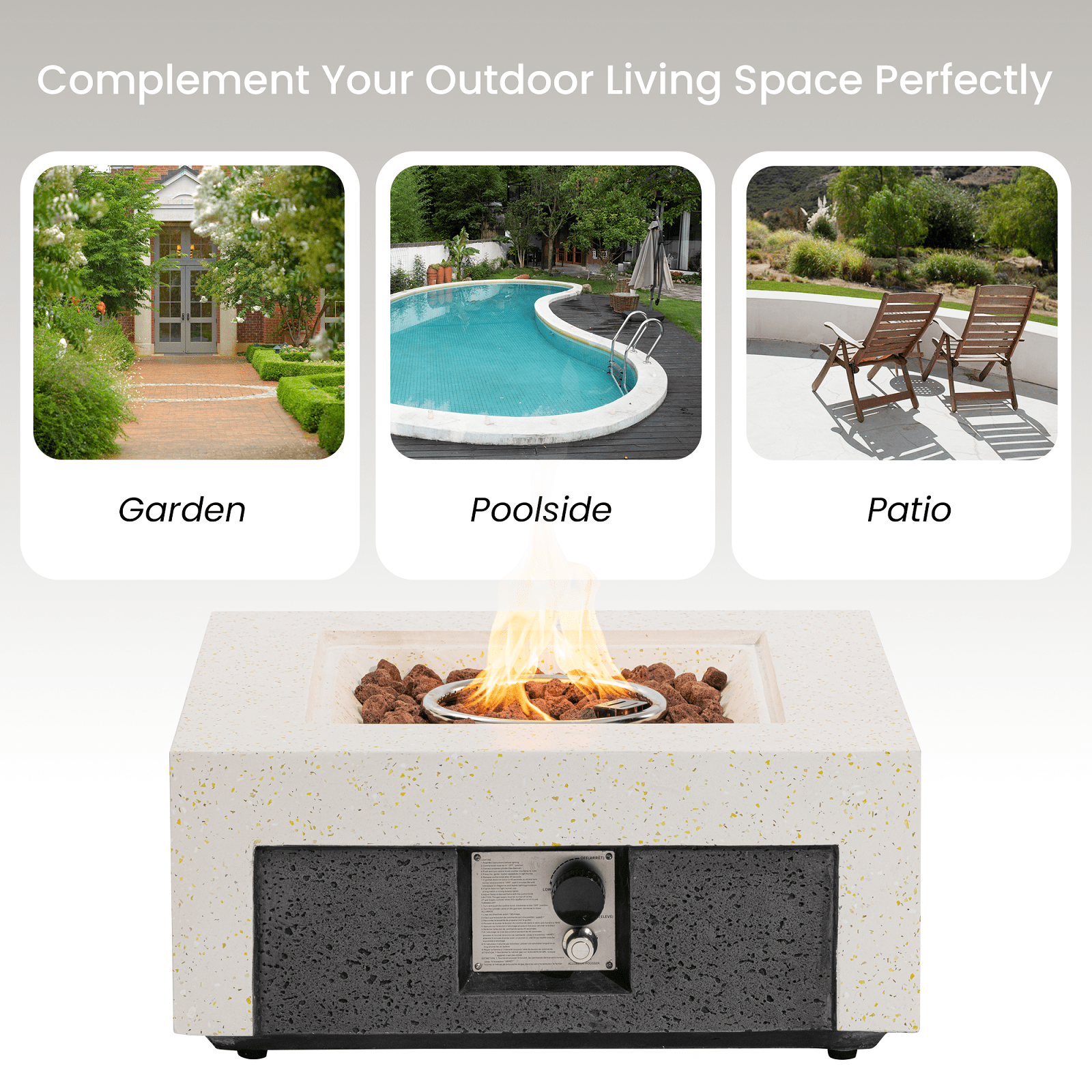 MOALCOFER 28'' Square Concrete Fire Pit Table,Dual-Texture Design with Lava Rocks and Cover