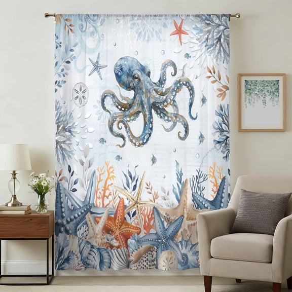 Octopus Coastal Sheer Curtains 45 Inches Long, Summer Beach Coral Starfish Blue Ombre Light Filering Curtains, Breathable Simi Curtain Privacy Drapes for Kitchen Bathroom Small Window Treatment