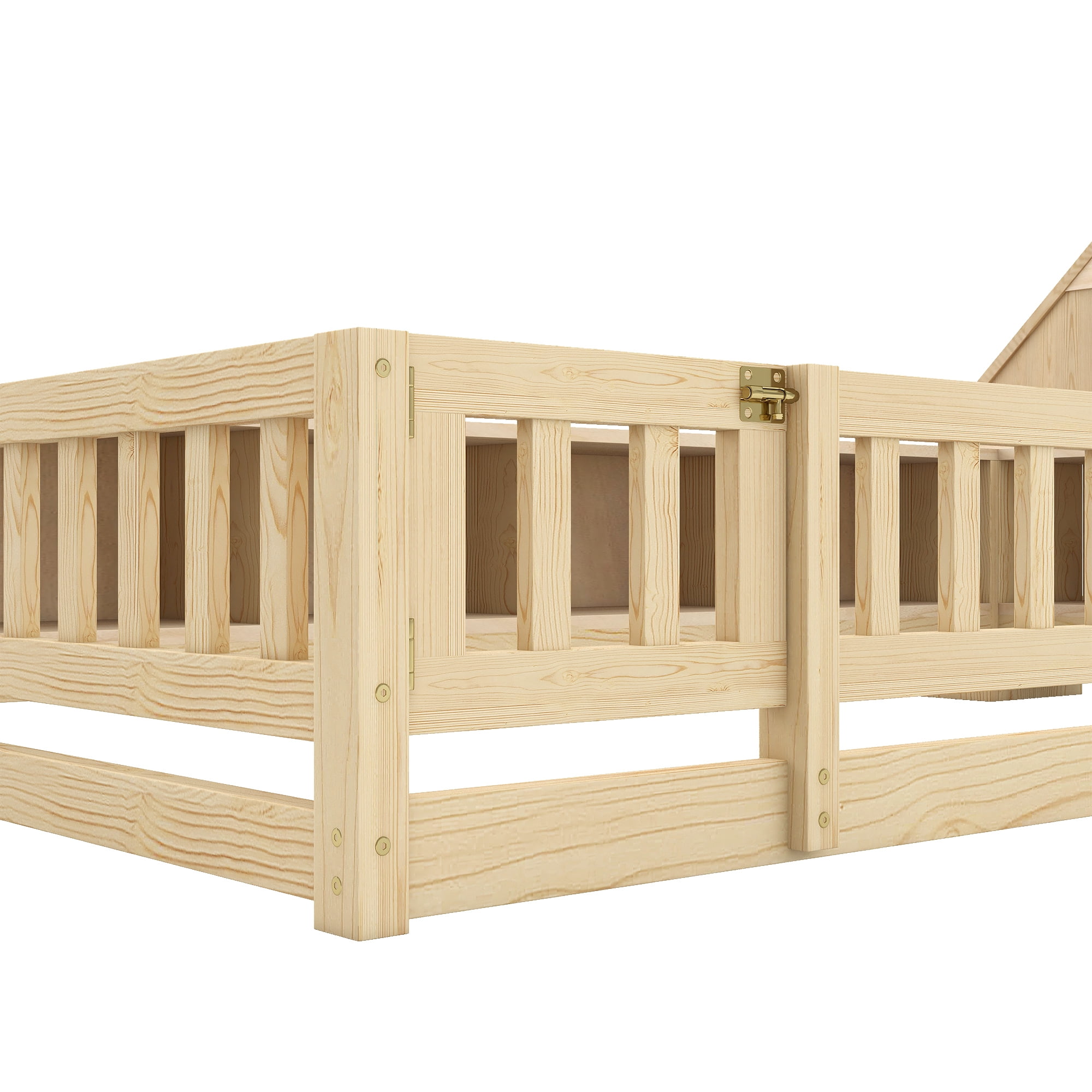 Euroco Wood Twin Size Floor Bed with Storage Shelves and Cabinets, Platform Bed with Guardrails, LED Light and USB Charge, Natural