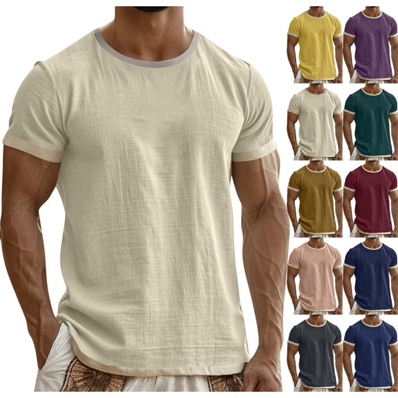 Men's Linen Cotton T-Shirt, Casual Button Down Tee, Short Sleeve Crewneck Relaxed Fit, Breathable Quick Dry Moisture Wicking, For Gym Workout Beach Vacation Daily Wear | Zenithor,Beige L
