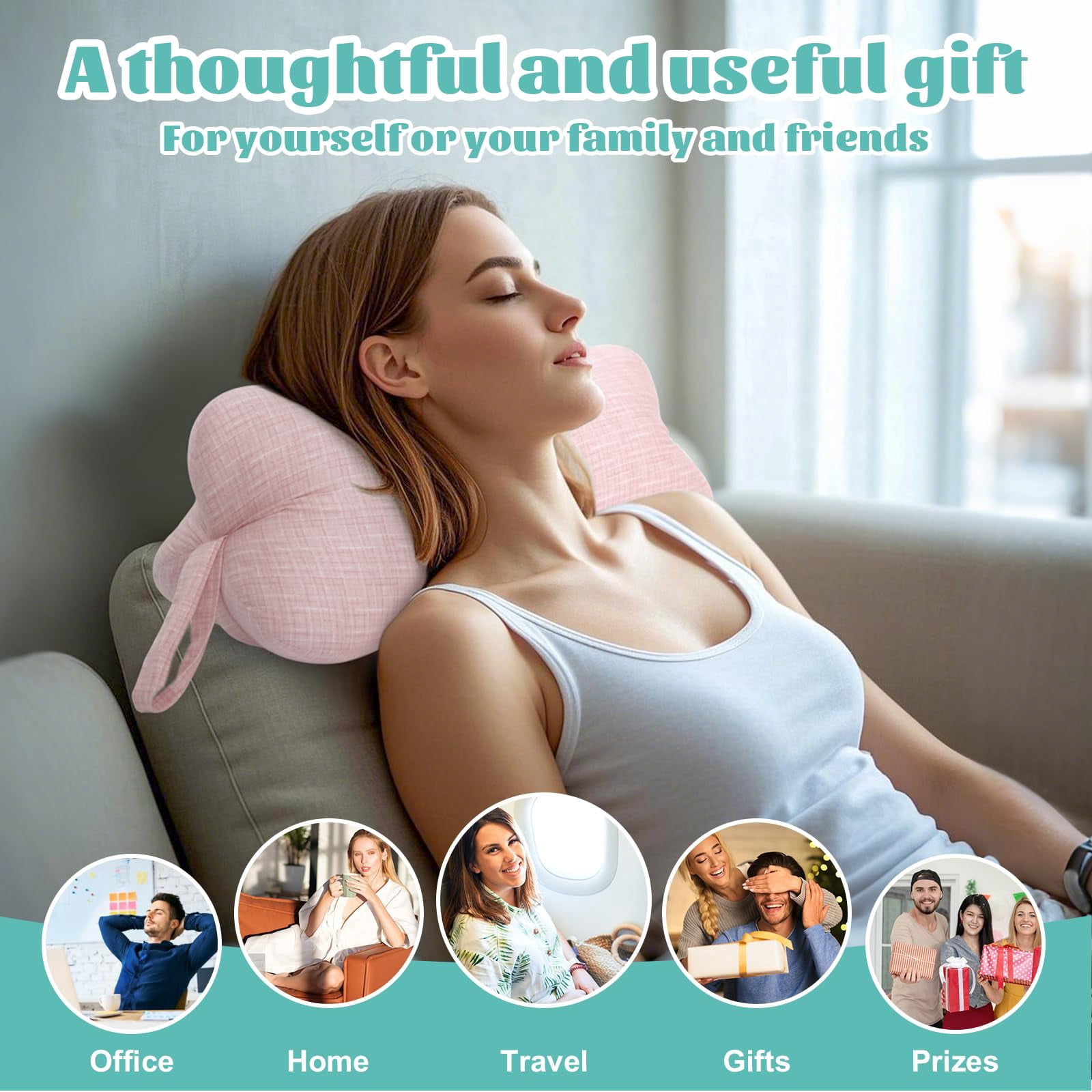 RoamReady Dog Bone Neck Pillow, Fixed Rope Loops Chiropractic Support, Travel Driving Lumbar Comfort, Adult Pink