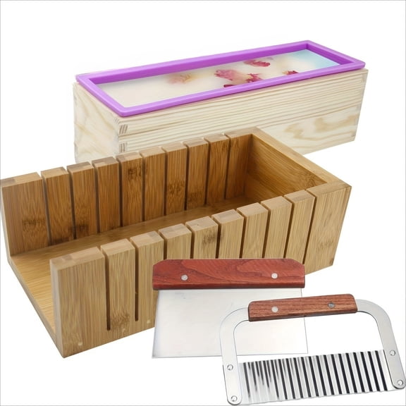 5Pcs Soap Making Kit with 44oz Silicone Loaf Soap Mold and Wooden Box, Stainless Steel Wavy & Straight Slicer, Soap Cutting Board and Handmade Soap Tools for Homemade Craft Soap Making Supplies