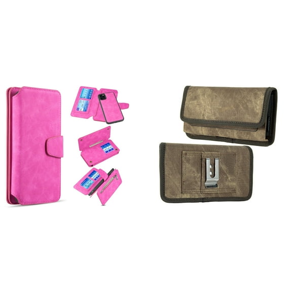 Clutch Wallet Detachable Case and Belt Holster Pouch for iPhone 14 Plus (Hot Pink/Brown)