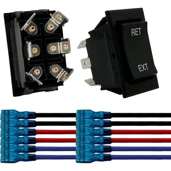 Momentary Reverse Polarity Rocker Switch with Wires for RV Tongue Trailer Stabilizer, Motor Control - 20 Amp 12V DC, DPDT, Power Toggle Jack Switch (6 Pin, 2 Pack)