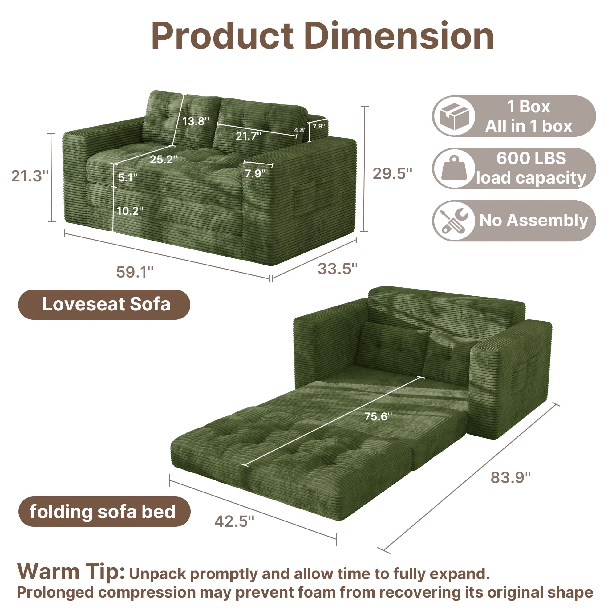 Boneless Convertible Floor Sofa Bed, Lofka 59" Folding Loveseat Couch for Small Spaces, Corduroy 2 Seater Lounge Sleeper with 2 Pillows & Pockets for Living Room, No Assembly, Green