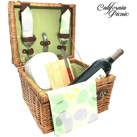 Picnic Basket Set DELUXE | Breeze Collection | 2 Person Wine and Cheese Service Set | Picnic Hamper Set FREE Picnic Tablecloth | Stainless Steel Wine Opener Corkscrew | Wood Cheese Board W/