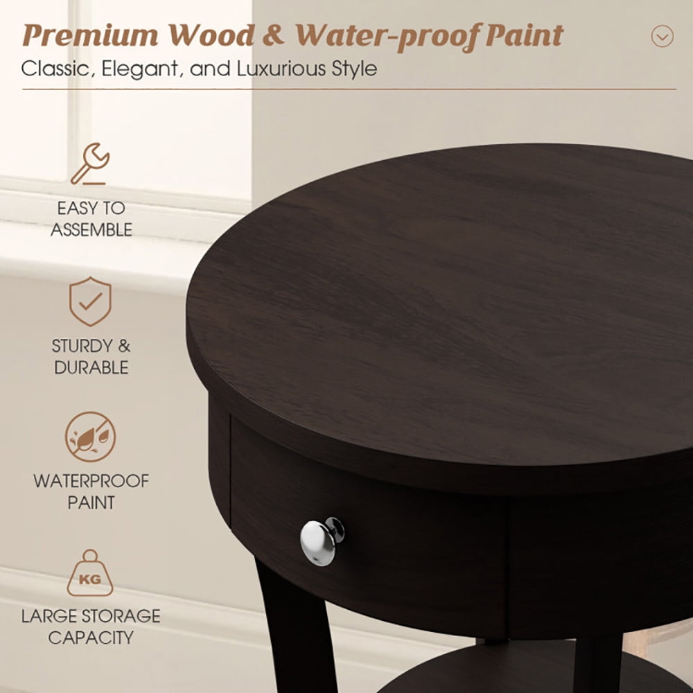 Finihen 2-Tier Wood Round End Table with Open Drawer, Sofa Side Table, Bed Side Table, for Living Room, Bedroom, Brown Finihen 2-Tier Wood Round End Table with Open Drawer, Sofa Side Table, Bed Side Table, for Living Room, Bedroom, Brown