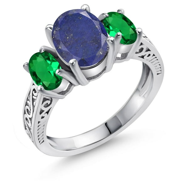 Gem Stone King 925 Sterling Silver Blue Lapis and Green Nano Emerald Ring for Women (2.80 Cttw, Gemstone Birthstone, Size 9)