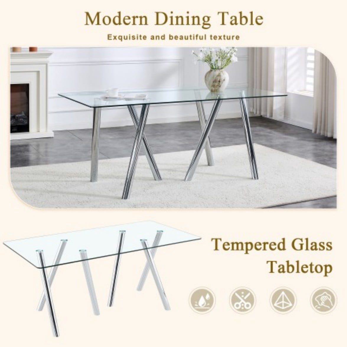 71" Tempered Glass Dining Table, Modern Large Kitchen Table with Sturdy Metal Legs, Round Edge Dining Room Table for Home & Family, Silver