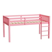 JOYMOR Low Loft Bed Twin Size with Stairs, Pind Wood Loft Bed for Girl, Space-Saving Design, Pink
