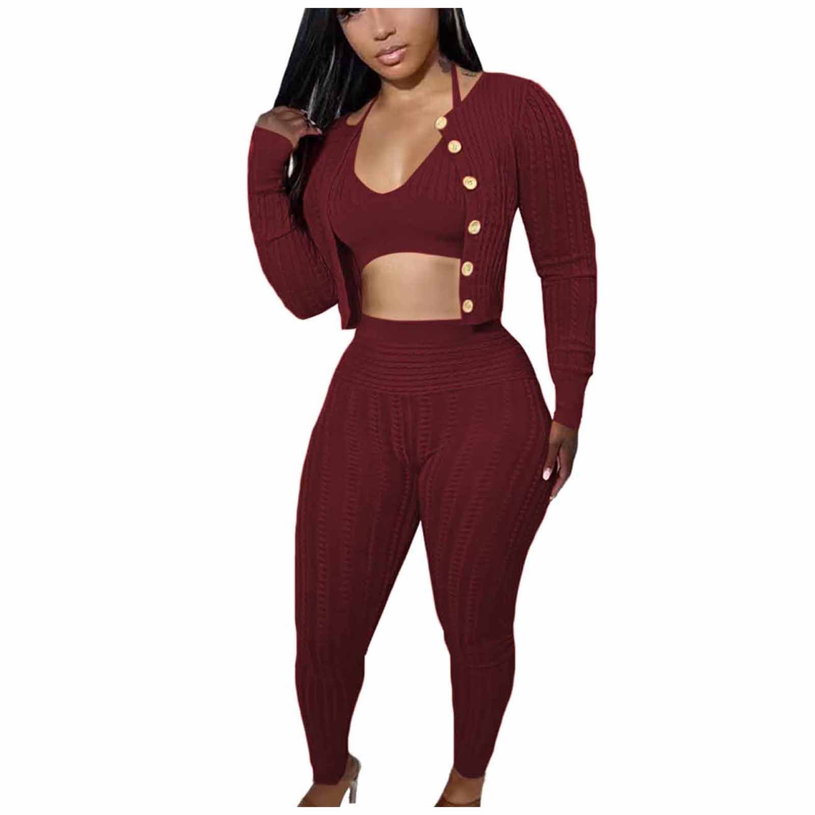 Women Ribbed Knit 3 Piece Outfits Crop Tops Long Sleeve Cardigan Sweater  Bodycon Pants Matching Sets Tracksuit Casual Fashion Lounge Set