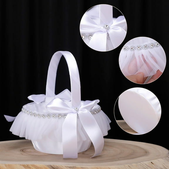 opvise Flower Basket Elegant Romantic Inlaid Rhinestone Mini White Wedding Bridesmaid Handheld Lace Flower Basket Scene Layout Prop C