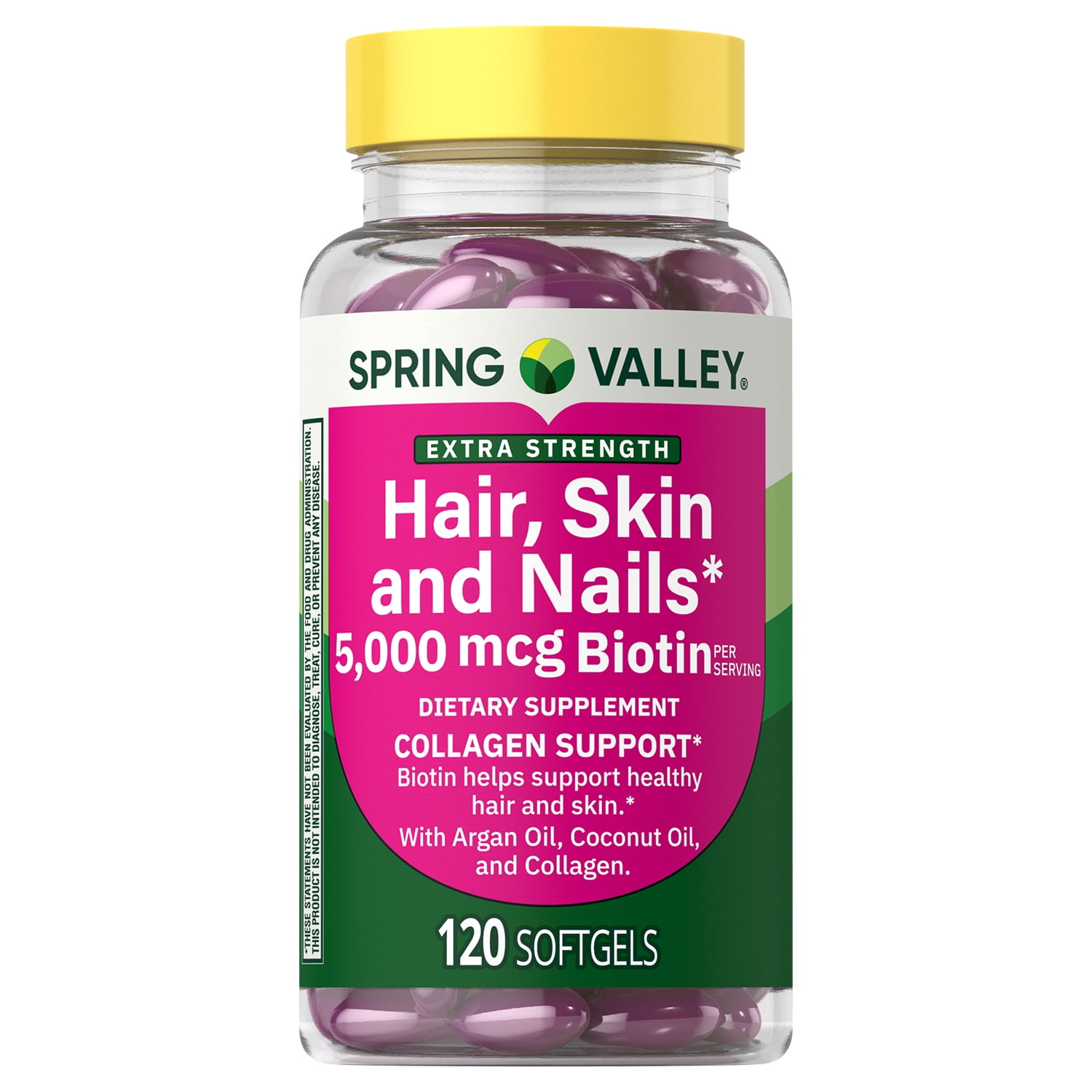 Spring Valley Extra Strength Hair Skin & Nails Collagen Support Softgels, 5000 Mcg Biotin, 120 Count
