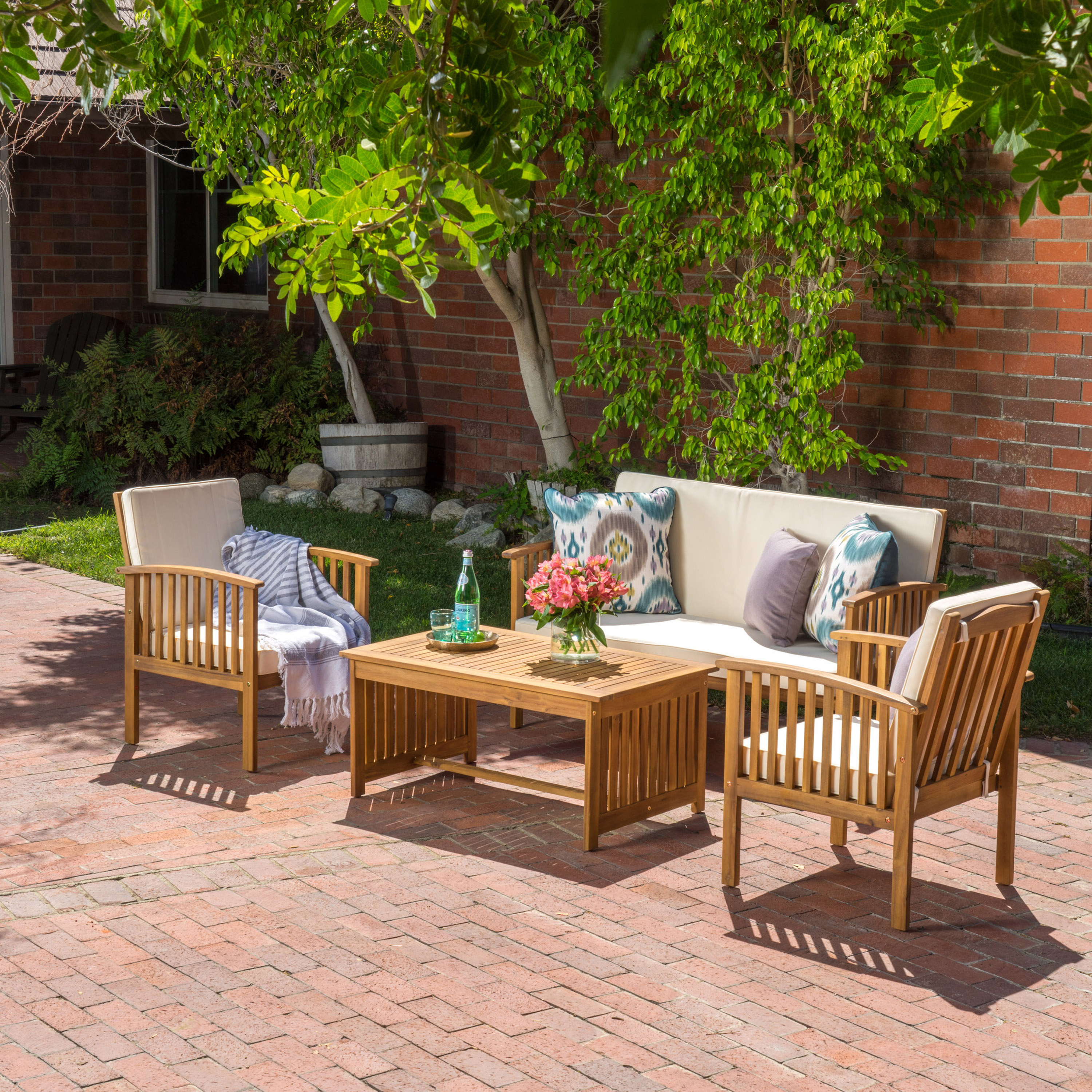 GDF Studio Navan Outdoor Acacia Wood 4 Seater Chat Set with Cushion, Cream and Brown - image 2 of 9