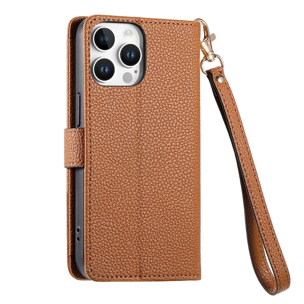 For iPhone 16 Pro Leather Phone Case Wallet Zipper Pocket Pouch Folio Flip Cover Kickstand, Multi Anti-theft Card Holder Cash Slot, Double Magnetic Buckle, Wrist Lanyard,Brown,For iPhone 16 Pro