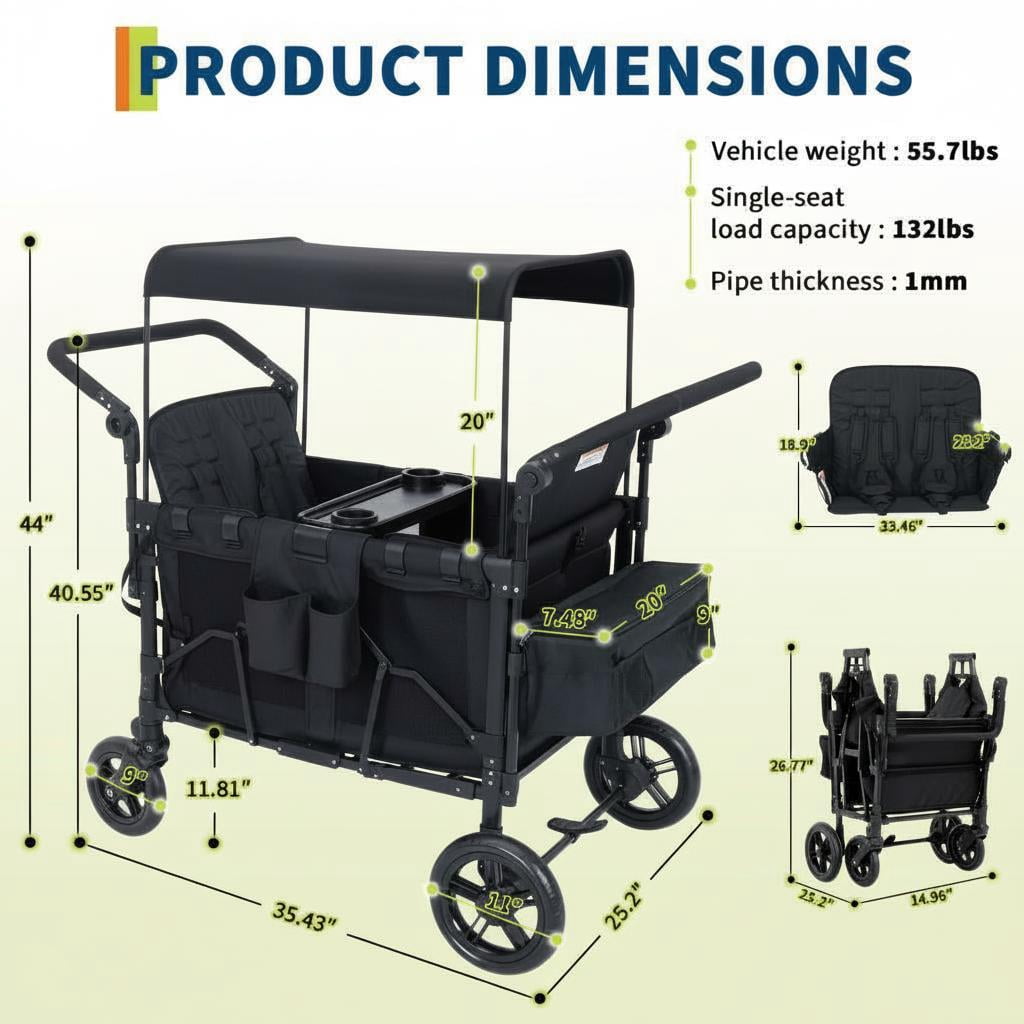 Memoryfield 4-Seater Stroller Wagon for Kids with Safety Harness, Removable Canopy, Snack Tray & Swivel Wheels, Black
