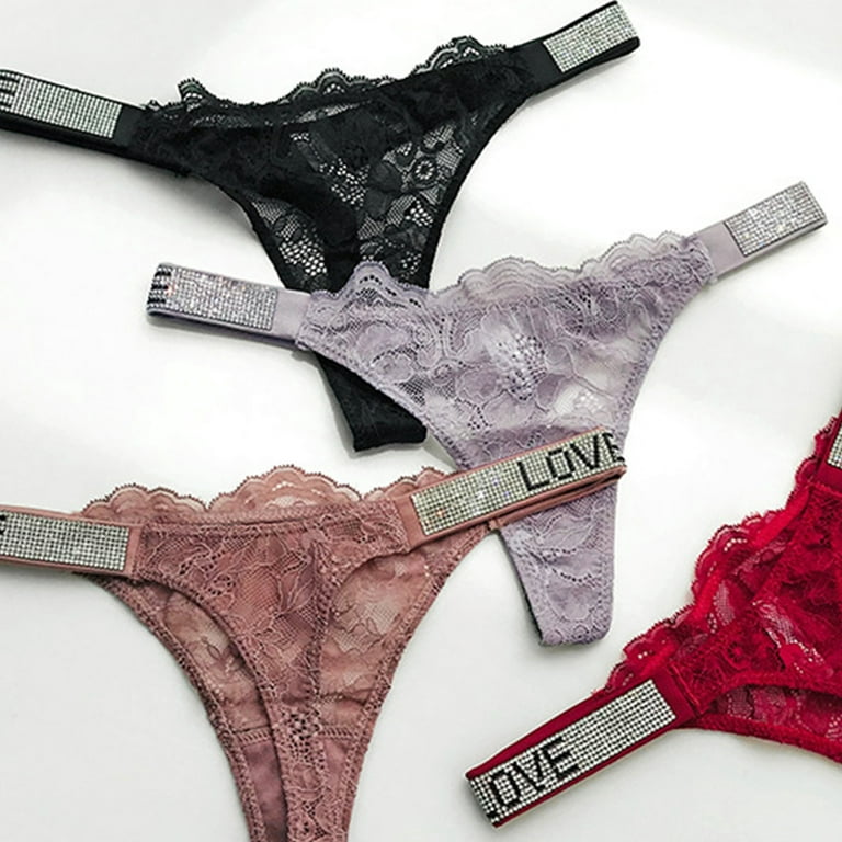 Women Sexy Low Rise Floral Lace Thong Bikini Panty Love Glitter Rhinestone  Letters T-Back Underwear Briefs G-string 