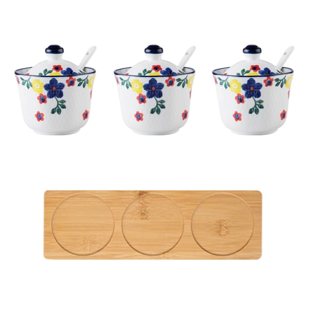 Hand Drawn Pattern Sugar Bowl With Lid, Ceramic Teacup Shape Sugar Pot, Coffee Accessories, Sugar Pourer, Kitchen Storage-Bauhinia-3 Set
