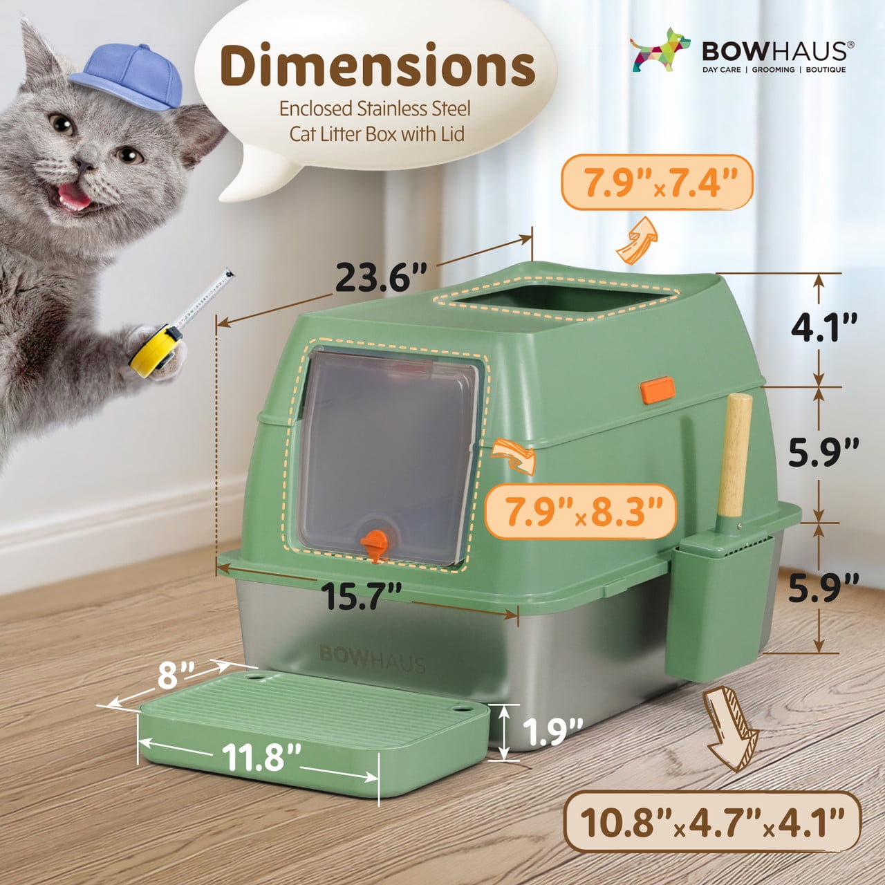 CAPHAUS XL 3 in 1 Enclosed Stainless Steel Cat Litter Box w/ Lid, Extra Large High Sided Metal Cat Litter Pan, High Sided Steel Litter Box w/ Scoop, Odor Control, Easy Clean & Anti-Leakage, Green
