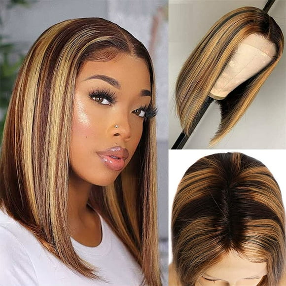 Highlight Bob Wig Ombre Color P4/27 Short Bob Wigs 10Inch Human Hair Wigs 4�1 Lace Frontal Ombre Short Straight Bob Wig Lace Frontal Brazilian Virgin Human Hair wigs with Baby Hair Natural Hairline